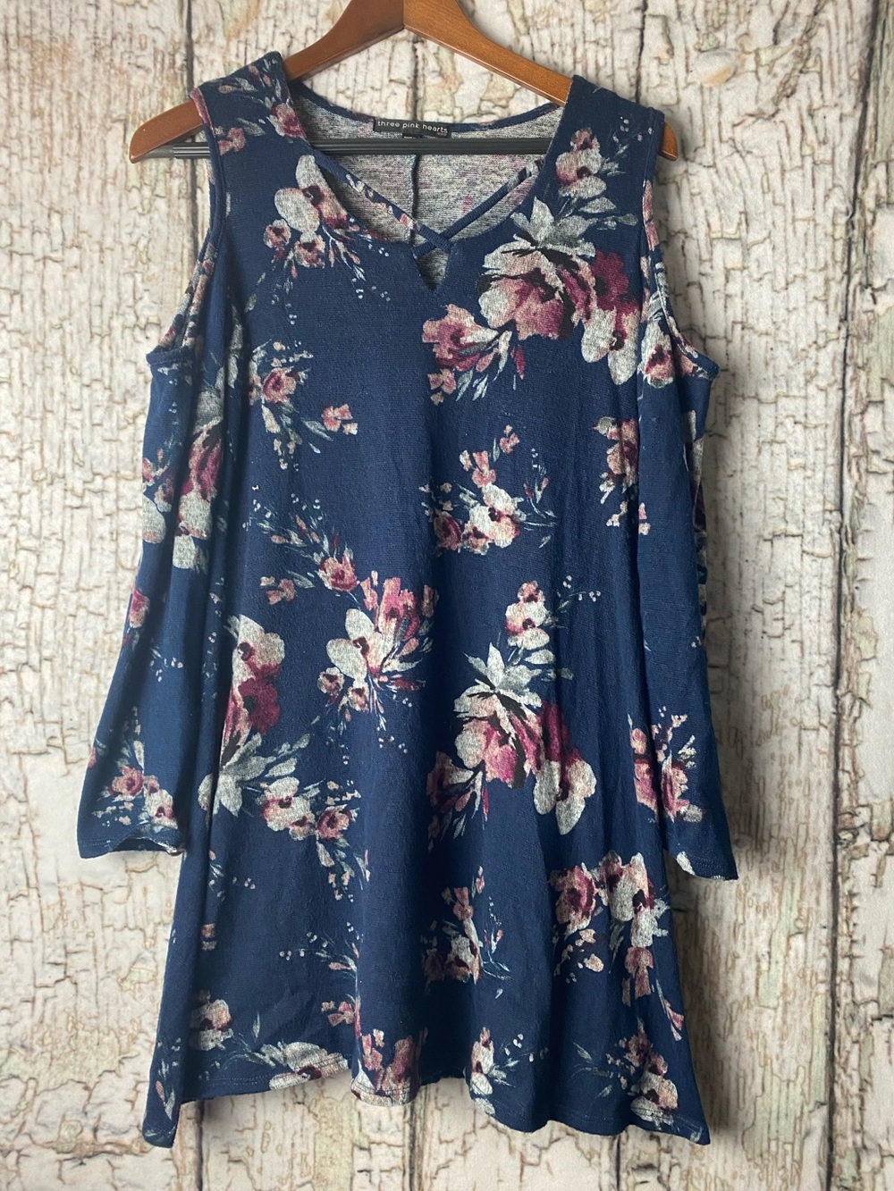 Three Hearts Navy Cold-Shoulder long sleeve Floral boho romantic dress M